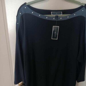 Woman's karen Scott top Dark Navy with denim trim Silver studs 3X NWT